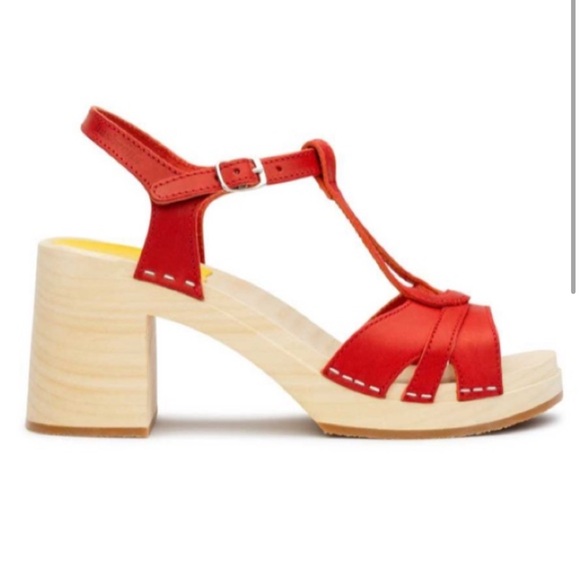 Swedish Hasbeens Red Leather Wooden Platform Sandals T-Strap Chunky Block Heel - Picture 16 of 16